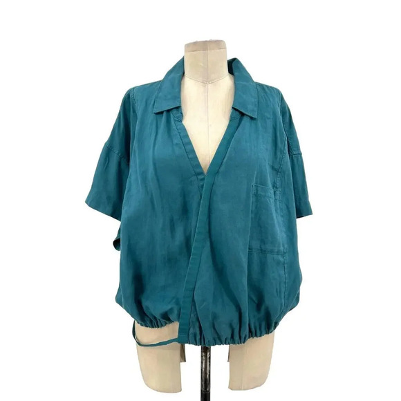 Athleta Playa Linen Tie Top Borealis Green Blue Short Sleeve Plus Size 3X - Picture 2 of 10